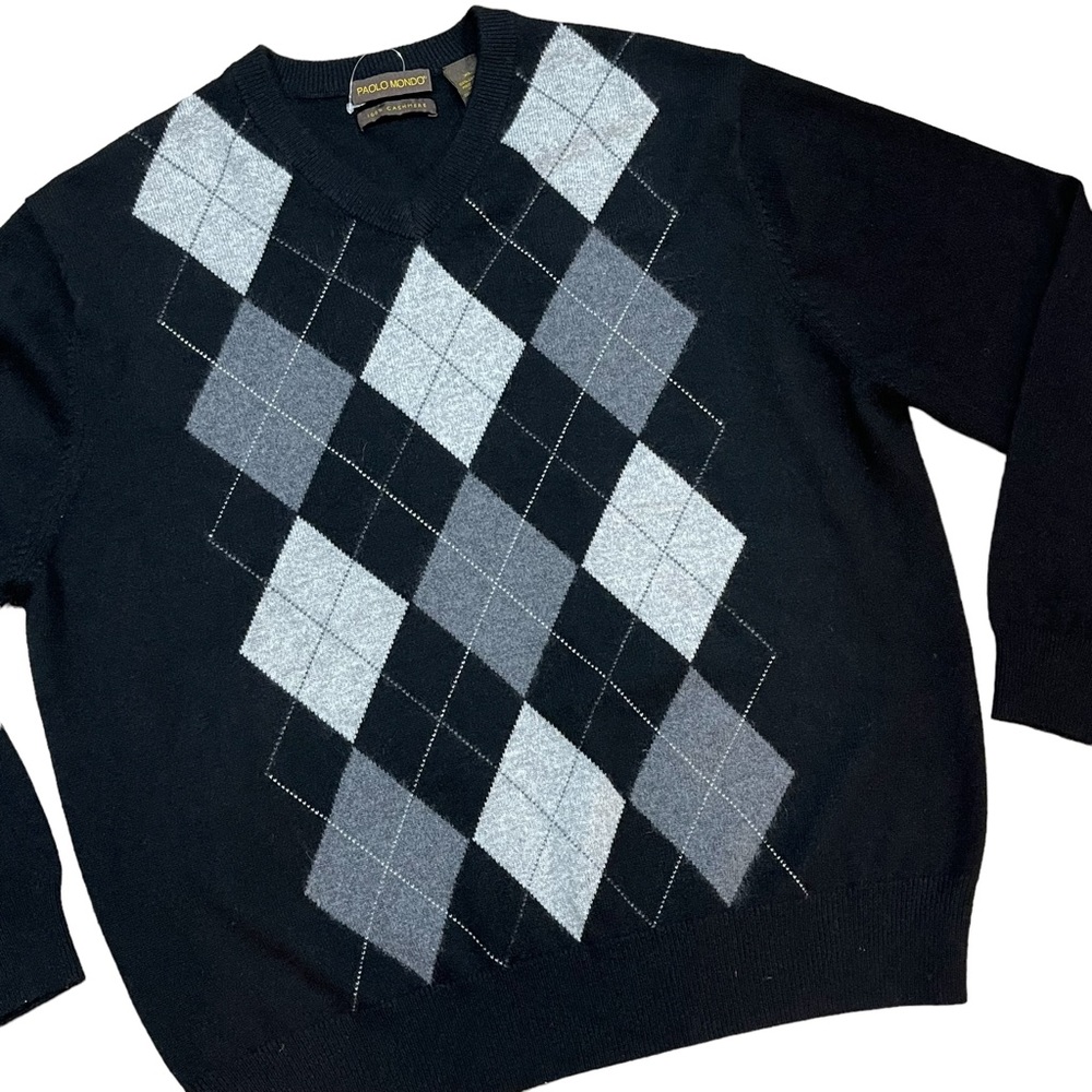 Men’s Paolo Mondo Cashmere Sweater Black Argyle Crew Neck Long Sleeve Pullover - Picture 11 of 11